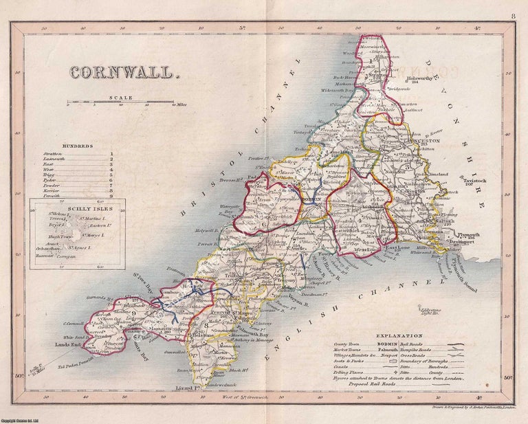 Item #376111 1850 Cornwall. Outline Hand Coloured Map, Engraved by J. Archer, Pentonville,...