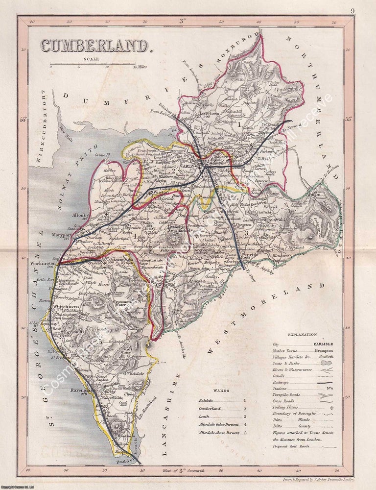 Item #376112 1850 Cumberland. Outline Hand Coloured Map, Engraved by J. Archer, Pentonville,...