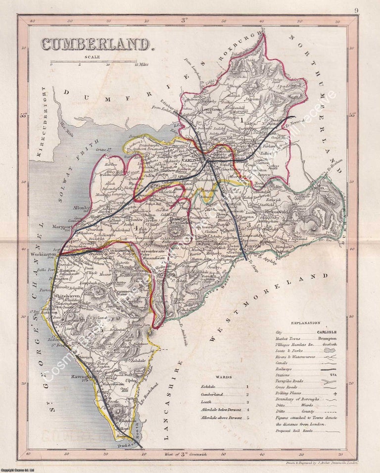 Item #376112 1850 Cumberland. Outline Hand Coloured Map, Engraved by J. Archer, Pentonville,...