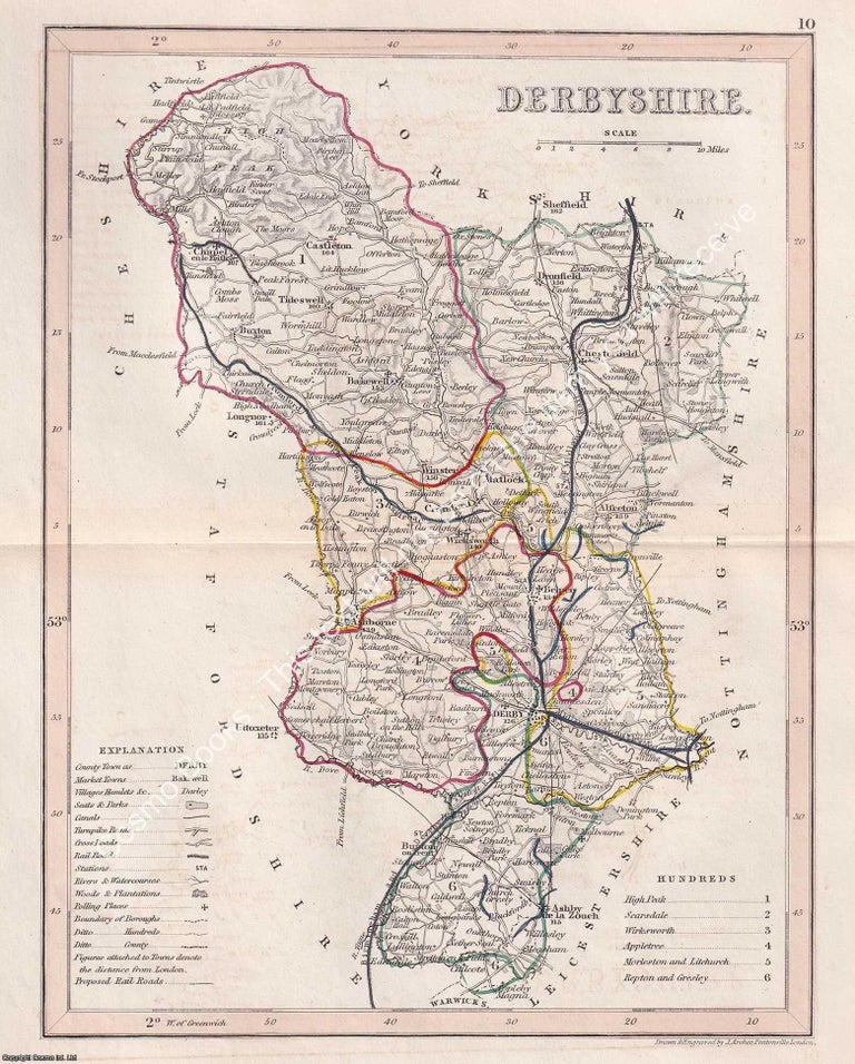 Item #376113 1850 Derbyshire. Outline Hand Coloured Map, Engraved by J. Archer, Pentonville,...
