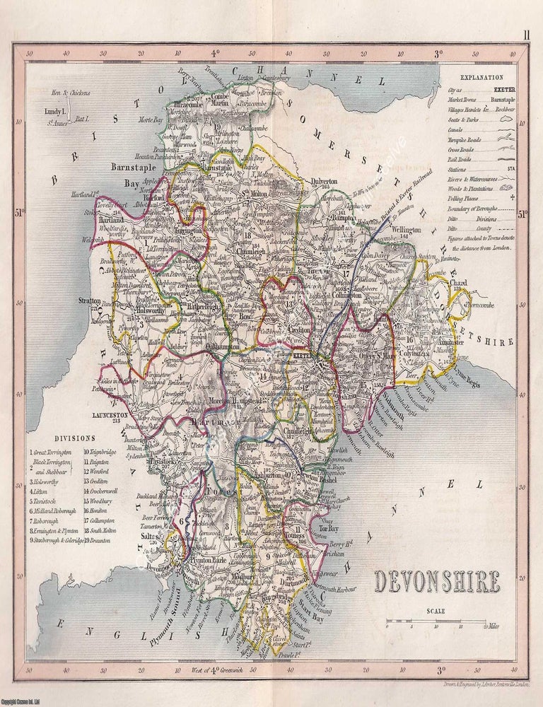 Item #376114 1850 Devonshire. Outline Hand Coloured Map, Engraved by J. Archer, Pentonville,...