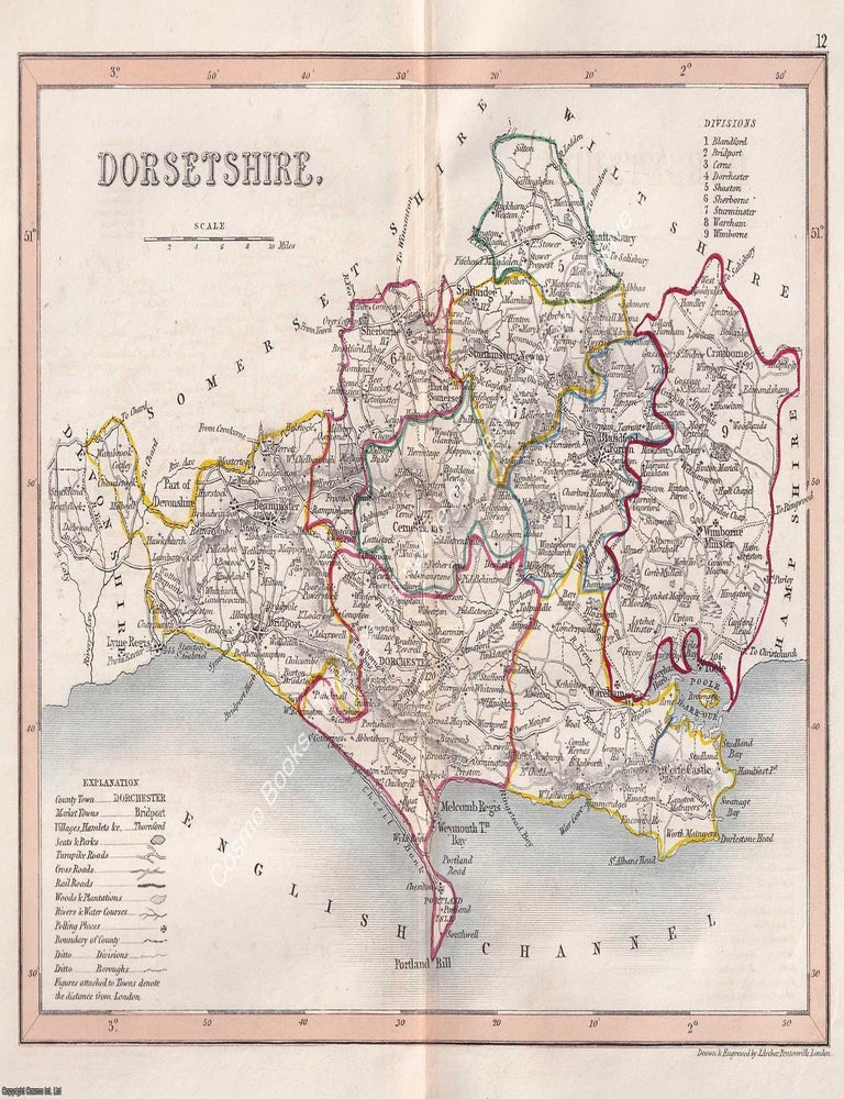 Item #376115 1850 Dorsetshire. Outline Hand Coloured Map, Engraved by J. Archer, Pentonville,...