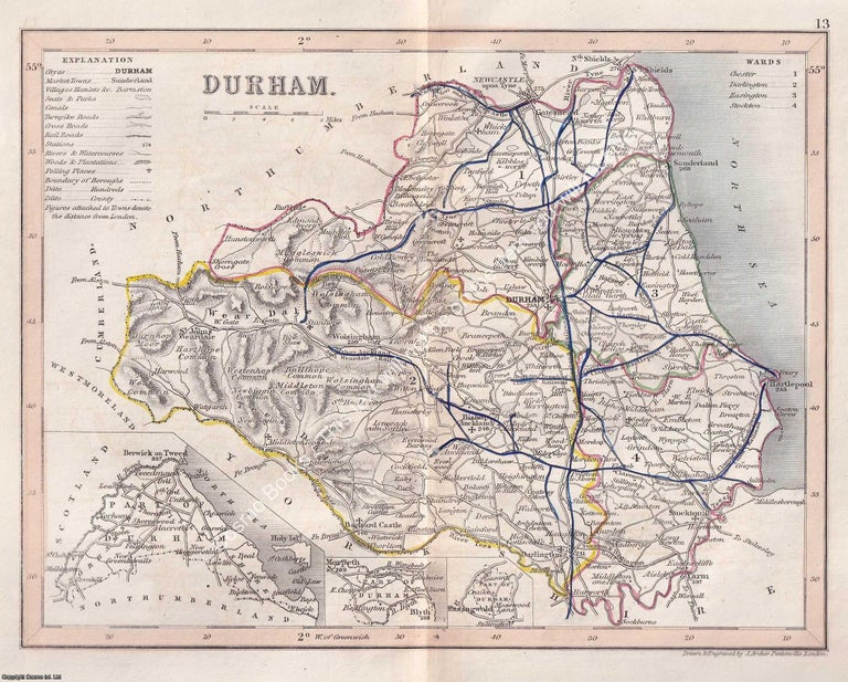 Item #376116 1850 Durham. Outline Hand Coloured Map, Engraved by J. Archer, Pentonville, London....