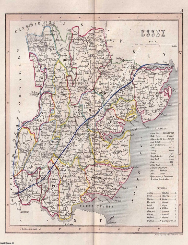 Item #376117 1850 Essex. Outline Hand Coloured Map, Engraved by J. Archer, Pentonville, London....