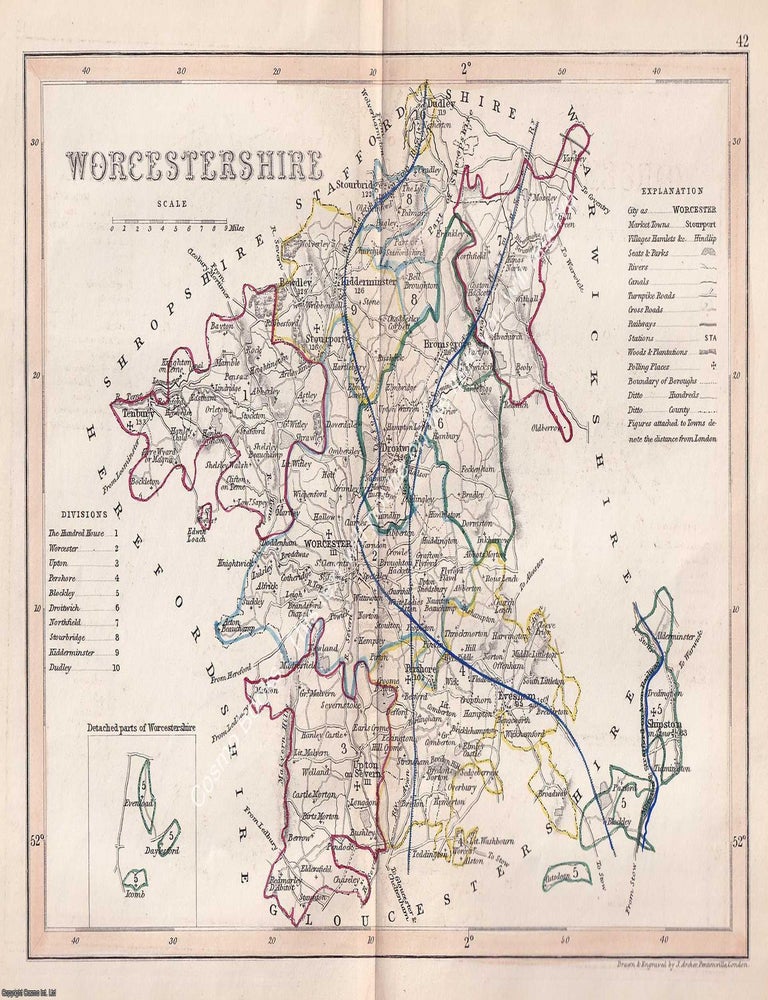 Item #376119 1850 Worcestershire. Outline Hand Coloured Map, Engraved by J. Archer, Pentonville,...
