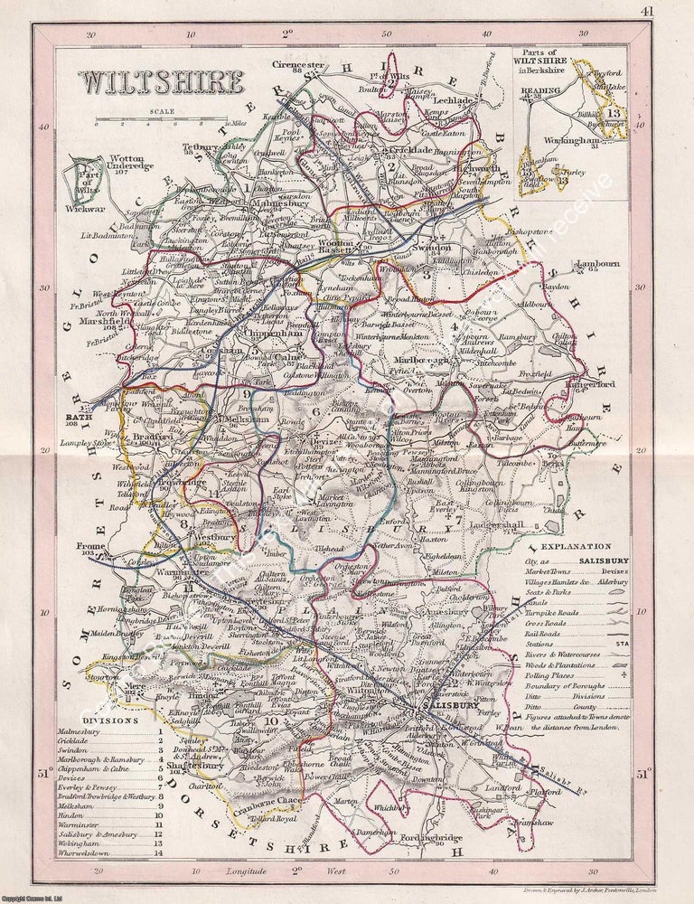Item #376120 1850 Wiltshire. Outline Hand Coloured Map, Engraved by J. Archer, Pentonville,...