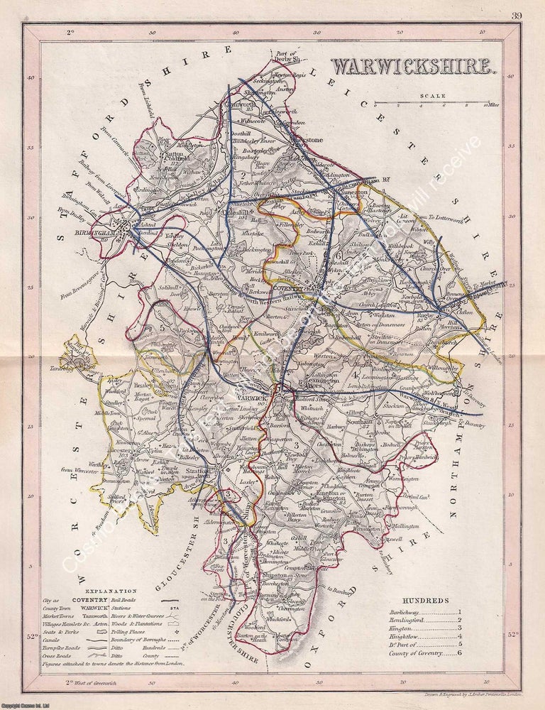 Item #376121 1850 Warwickshire. Outline Hand Coloured Map, Engraved by J. Archer, Pentonville,...