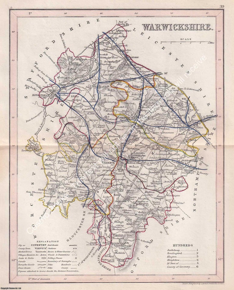 Item #376121 1850 Warwickshire. Outline Hand Coloured Map, Engraved by J. Archer, Pentonville,...