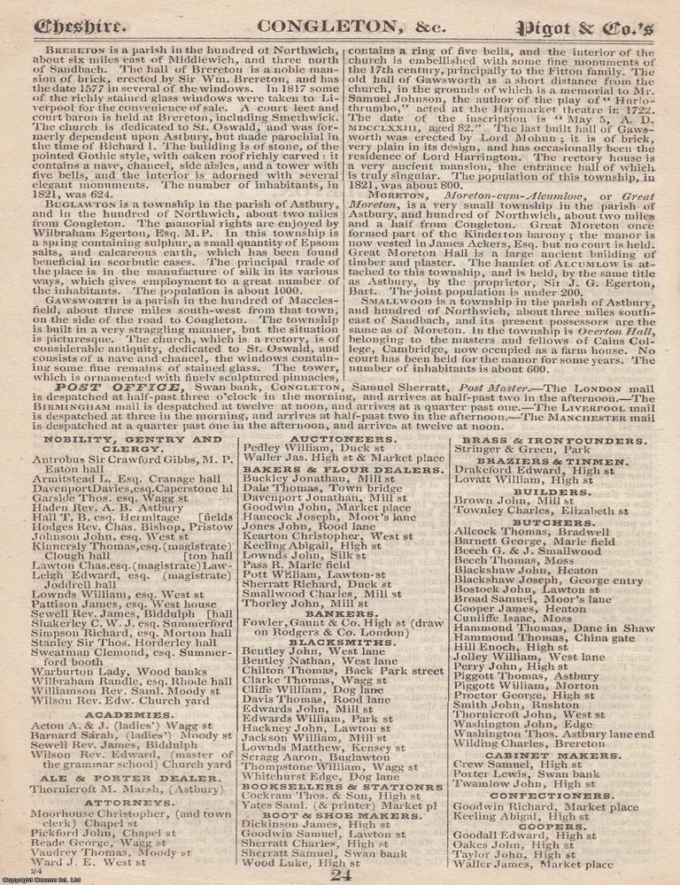 Item #376690 Cheshire, 1828-29. The complete text from Pigot & Co's National Commercial...
