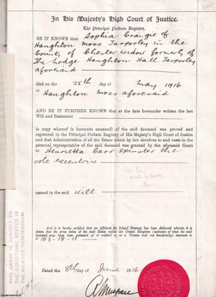 Item #406531 1916 Probate of the Will of Sophia Craigie of The Lodge, Haughton Hall, Tarporley,...