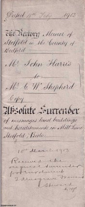 Item #406536 Absolute Surrender of land, buildings and hereditaments in Mill Lane, Stotford,...