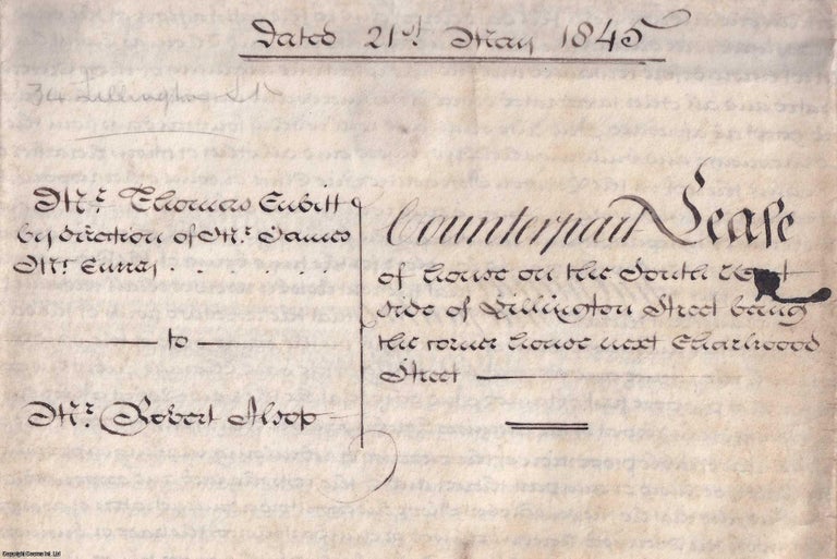 Item #406590 1845 Lease of House on the corner of Lillington Street and Charlwood Street Pimlico; from Thomas Cubbitt to Robert Alsop. Single sheet parchment Indenture (28.5 x 24 inches), handwritten with colour washed plan, signature, seal and stamp. Pimlico 1845 Lease Thomas Cubitt.