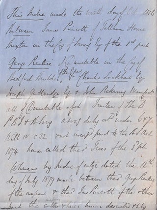 Draft Mortgage on 38 to 43 Victoria Street, Dunstable to George Prentice from James Pincott in 1886. Six sheets of handwritten, blue paper (10.5 x 16.5 inches).