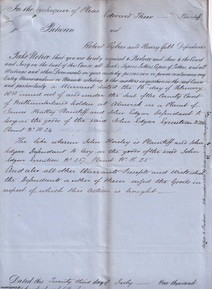 Item #406602 Notices to Produce and Adduce evidence in the case of Edward Thew vs Robert Pybus and Henry Gibb of Alnwick Northumberland. Five notices, part printed, but largely handwritten on blue paper (8 x 13 inches). 1855 Legal Notices Thew v. Pybus, Alnwick Gibb.