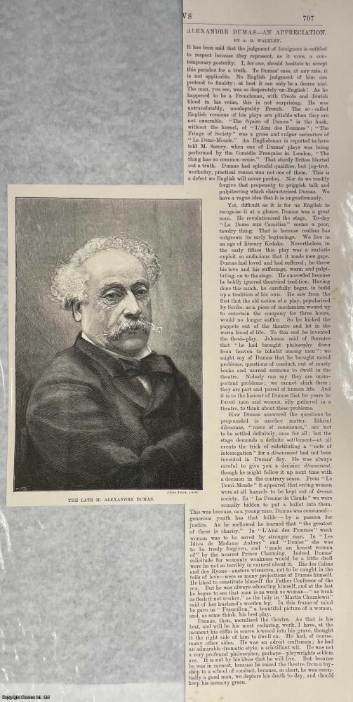 Item #408821 Alexandre Dumas - An Appreciation. An original print from the Illustrated London News, 1895. A B. WALKLEY.