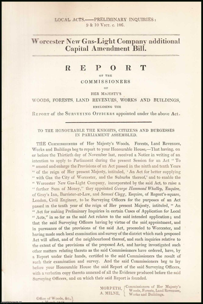 Item #408885 Blue Book Report : Worcester New Gas-Light Company additional Capital and Amendment...