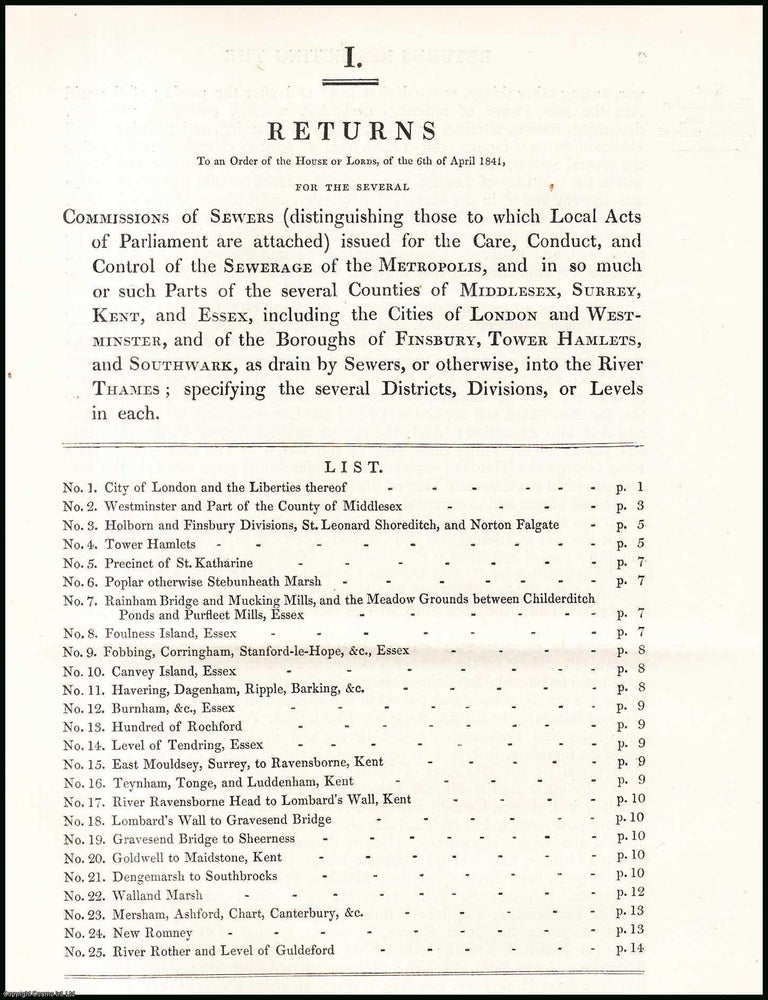 Item #408908 Blue Book Report : Returns respecting the Sewerage of the Metropolis that drains...