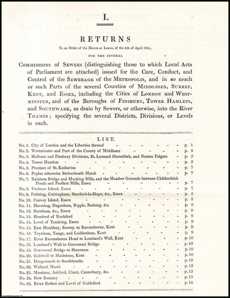 Item #408908 Blue Book Report : Returns respecting the Sewerage of the Metropolis that drains...