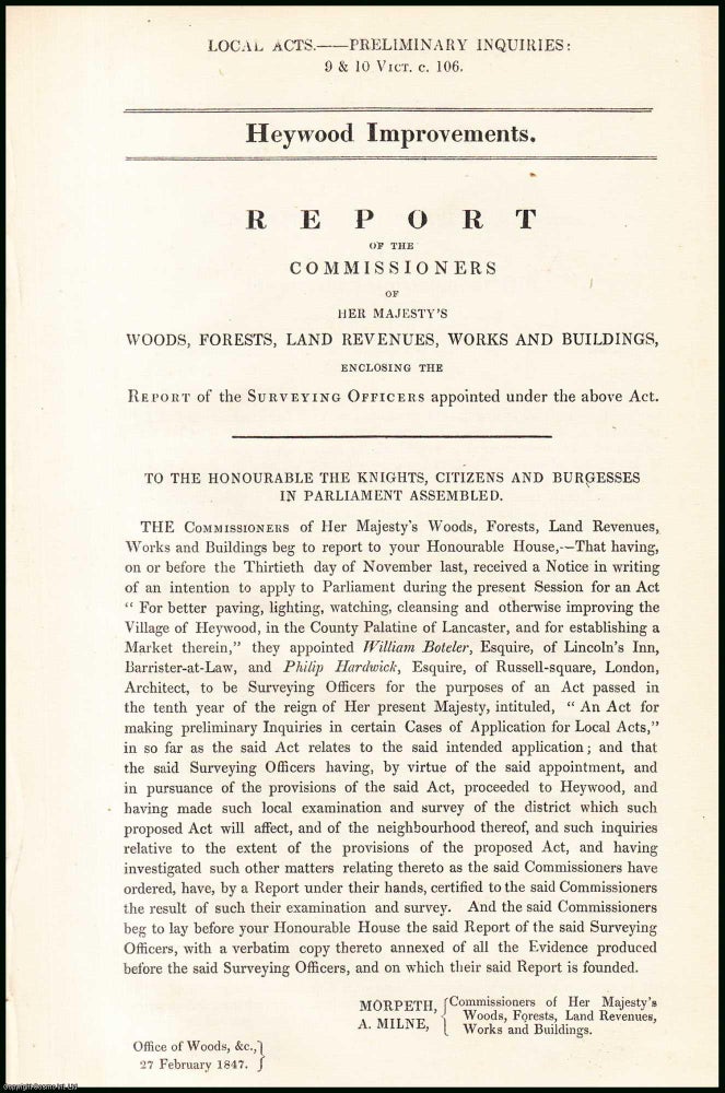 Item #408909 [Blue Book Report]. Heywood Improvement Bills; Preliminary Inquiry, Report by the Surveying Officers. Published by HMSO 1847. W., P. Boteler and Hardwick.