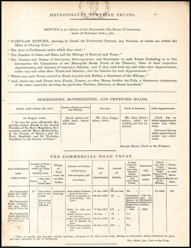 Item #408948 Blue Book Report : Metropolitan Turnpike Trusts; Tabular Return, showing detail of...