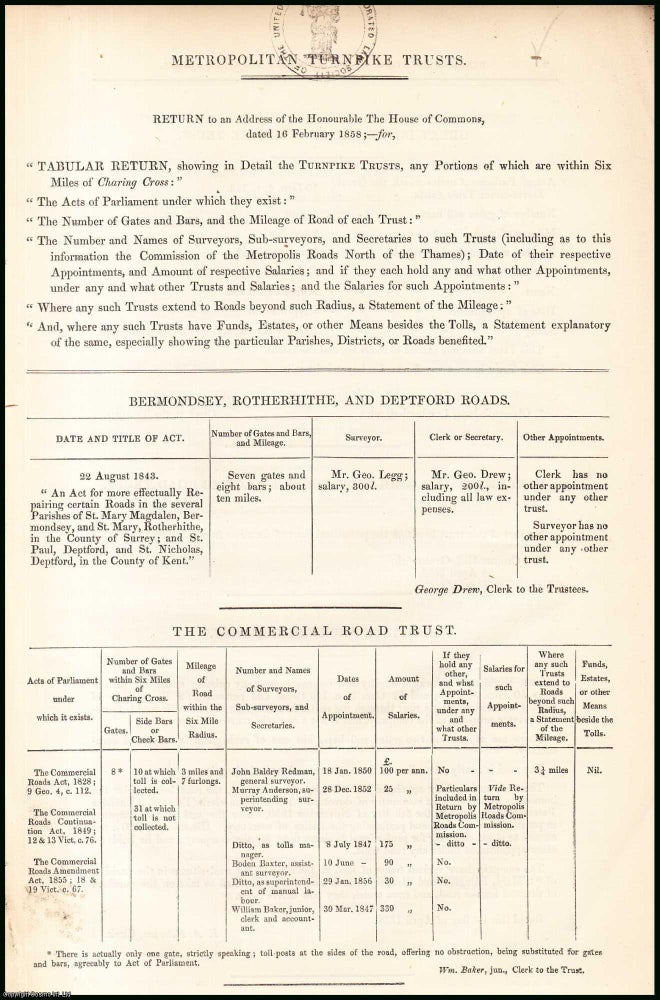 Item #408948 Blue Book Report : Metropolitan Turnpike Trusts; Tabular Return, showing detail of...