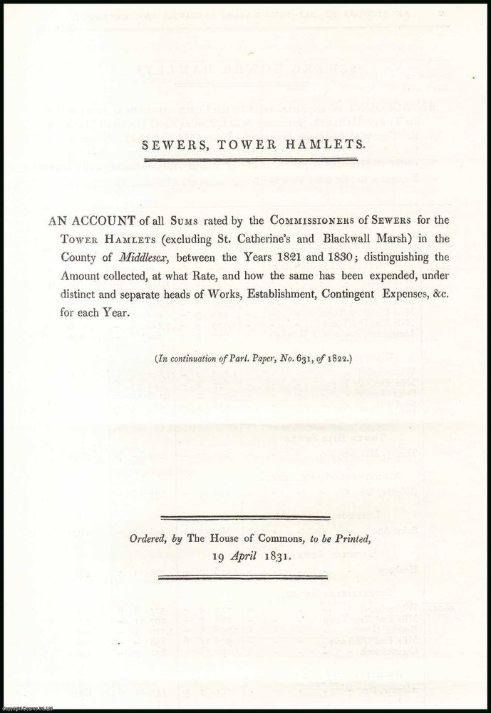 Item #408962 Blue Book Report : Sewers, Tower Hamlets; an Account of all Sums Rated, Received and...