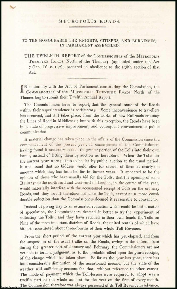 Item #408977 Blue Book Report : 1838. Metropolis Turnpike Roads, North of the Thames;...