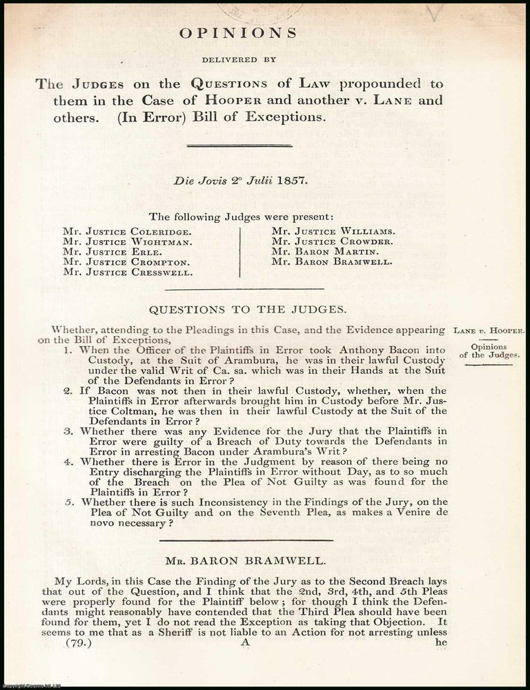 Item #409007 Blue Book Report : Opinions of the Judges in the Case of Hooper v. Lane. Published...