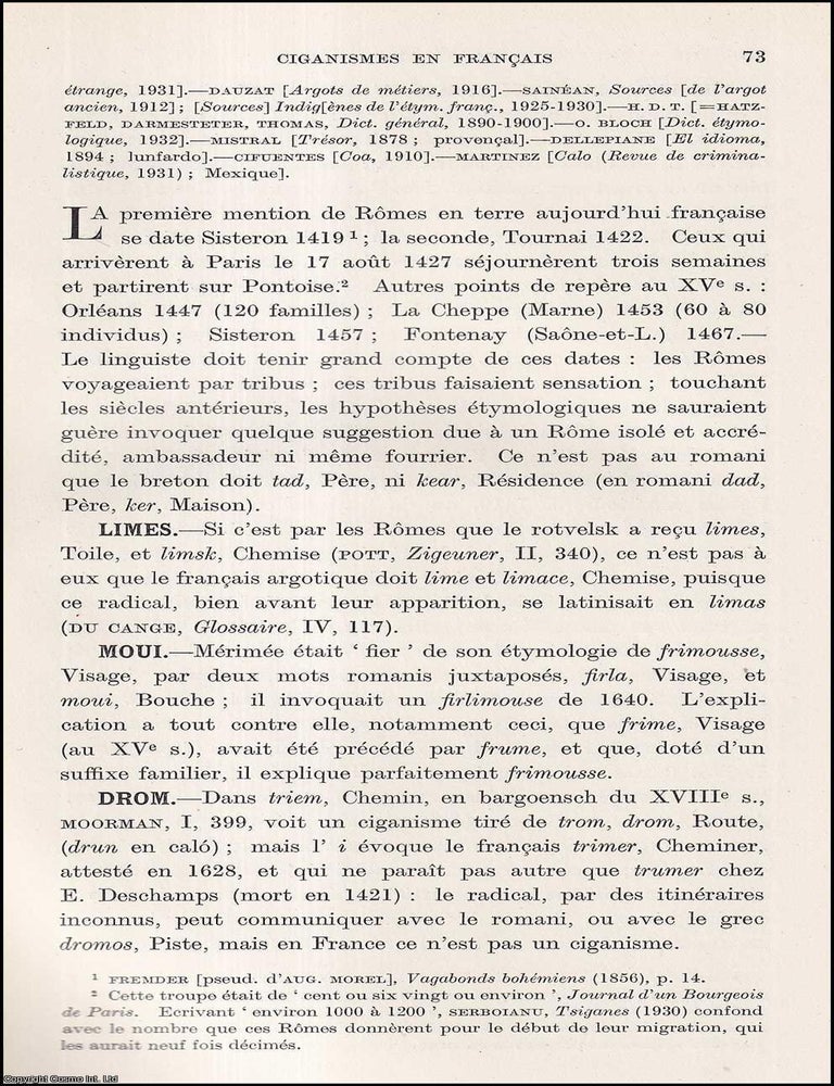Item #409804 Ciganismes en Francais (part 1) et Gallicismes des Cigains. 15 pages. An article...