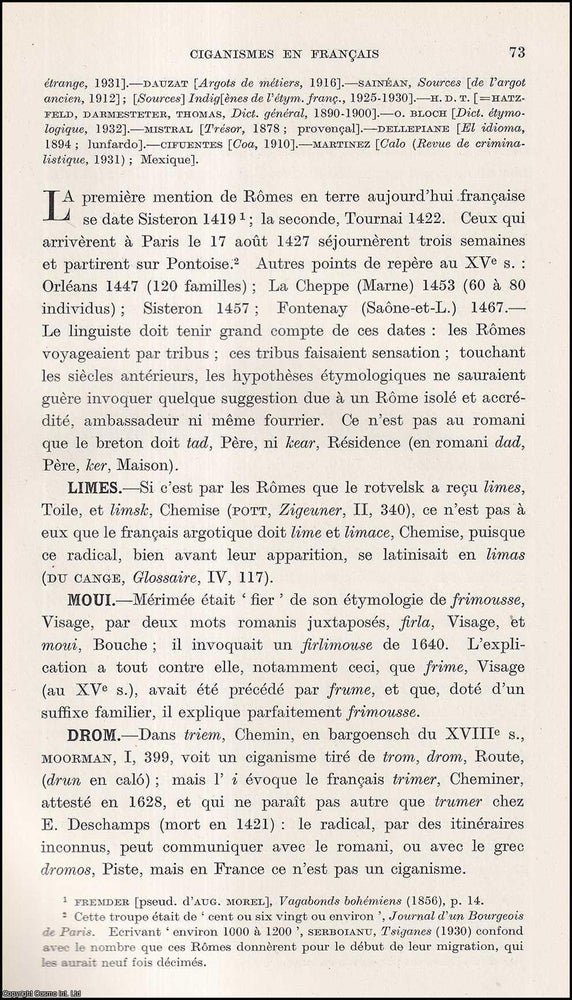Item #409804 Ciganismes en Francais (part 1) et Gallicismes des Cigains. 15 pages. An article...