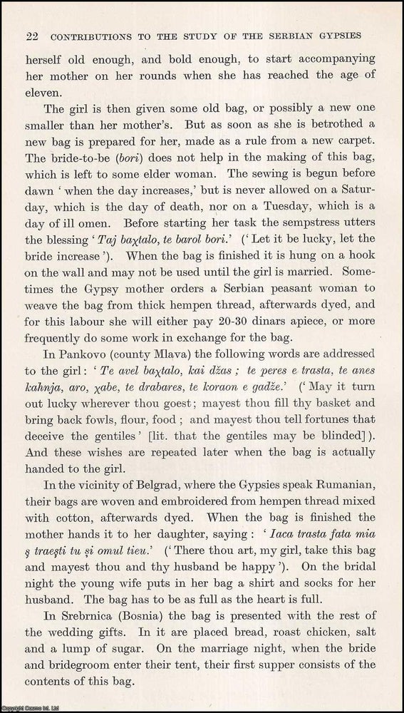 Item #409818 The Begging Bag; Contributions (part 5) to the Studies of Serbian Gypsies. An uncommon original article from the Journal of the Gypsy Lore Society, 1935. Alexander Petrovic.