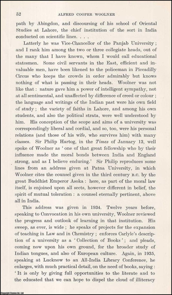 Item #409820 Alfred Cooper Woolner, C.I.E., D.Litt.: Vice Chancellor of the Punjab University. 5...