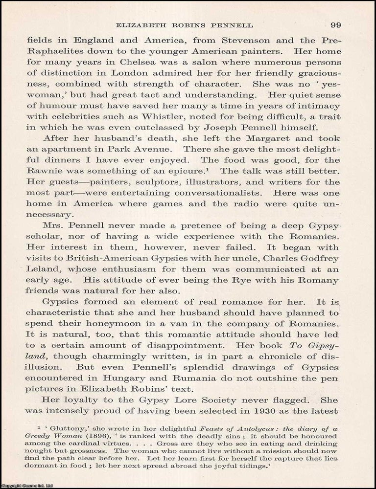 Item #409825 Elizabeth Robins Pennell. An uncommon original article from the Journal of the Gypsy...