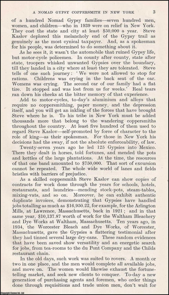 Item #409941 A Nomad Gypsy Coppersmith in New York. 7 pages. An article printed in 1945, written...