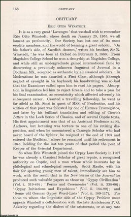 Eric Otto Winstedt (1880-1955): Obituary. An uncommon original article from the Journal of the Gypsy Lore Society, 1955.