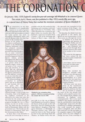 Item #411428 The Coronation of Queen Elizabeth, 1559. An original article from History Today,...