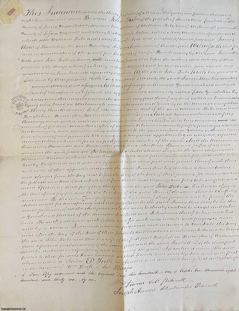 Item #411685 Wisborough Green, Sussex. Attested copies of a Lease and Release, dated 1811, from Mr John Tube? to Mr H. Herrington of property known as Little Gunshott, Wisborough Green, Sussex. Four pages, very neatly handwritten with stamps and signatures of attestees, tied at the left corner with pink ribbon. 1811 LEASE AND RELEASE.