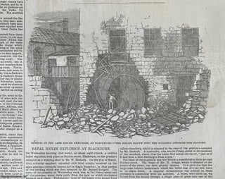 Item #416586 Fatal Boiler Explosion at Starkie Street Blackburn. An original woodcut engraving,...