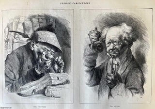 Item #416821 German Caricatures: The Bookworm and The Doctor. Two original woodcut engravings,...