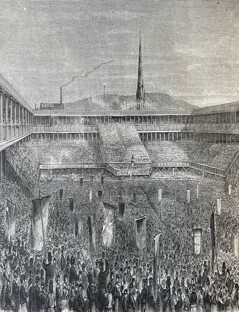 Item #416823 Sunday School Jubilee Commemoration at the Piece Hall, Halifax. An original woodcut engraving, from the Graphic Illustrated Weekly Magazine, 1871. PIECE HALL HALIFAX.