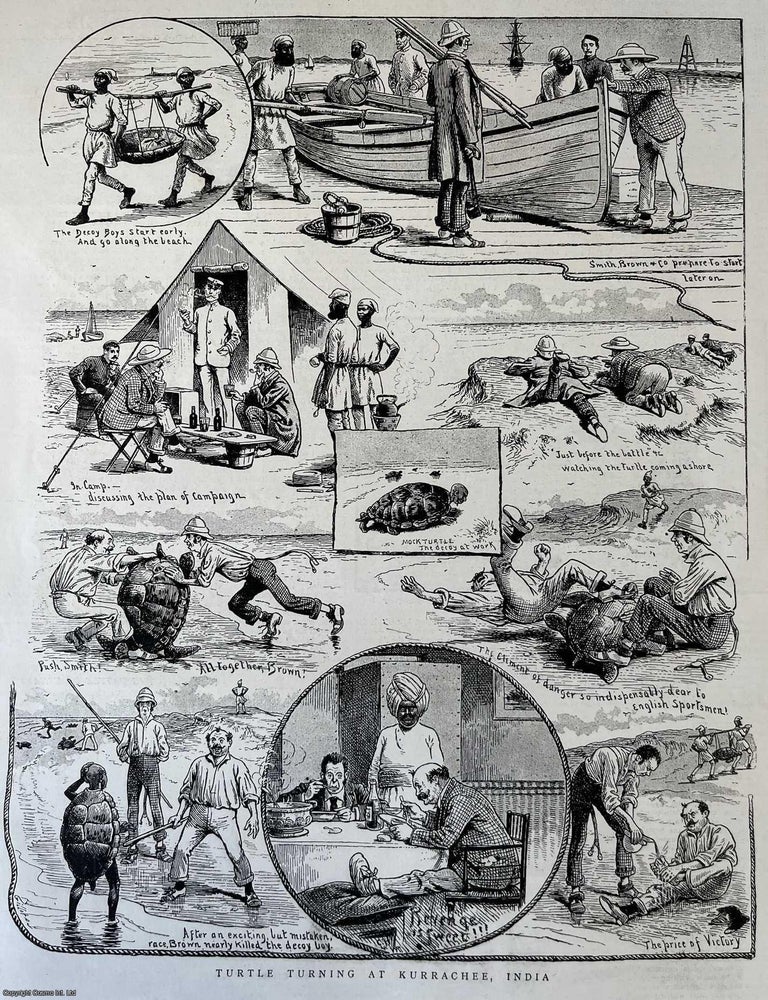 Item #416847 Turtle Turning at Kurrachee, India. An original woodcut engraving, from the Graphic...