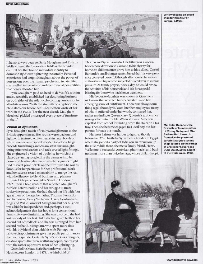 Item #417533 The Life of Syrie Maugham, 1879-1955: Interior Designer. An original article from History Today magazine, 2013. Frances Larson.
