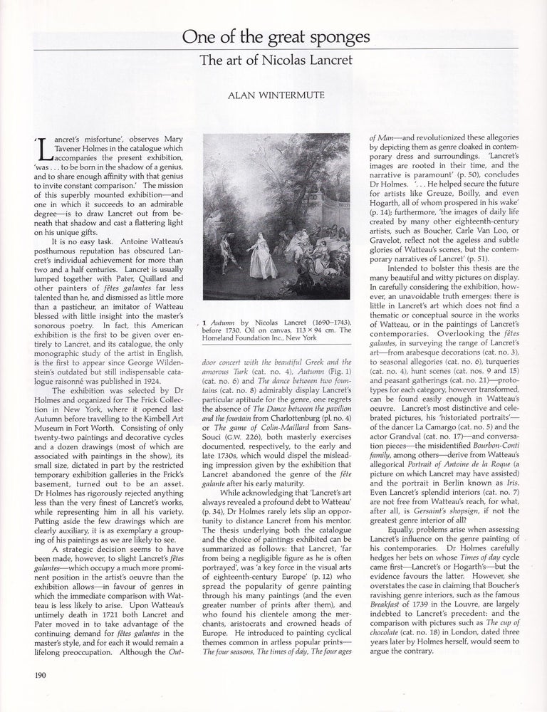 Item #420586 The Art of Nicholas Lancret. An original article from Apollo, International Magazine of the Arts, 1992. Alan Wintermute.