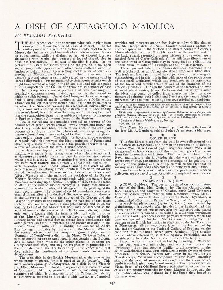 Item #420753 A Dish of Caffaggiolo Maiolica. 2 pages, illustrated in colour. An article printed...