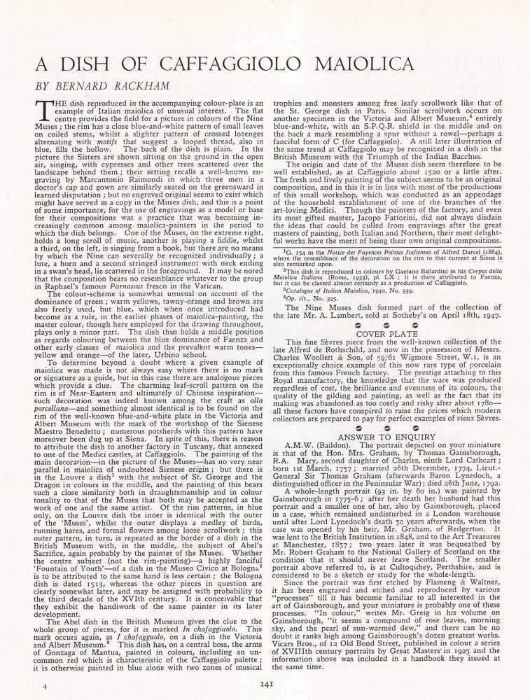 Item #420753 A Dish of Caffaggiolo Maiolica. 2 pages, illustrated in colour. An article printed...