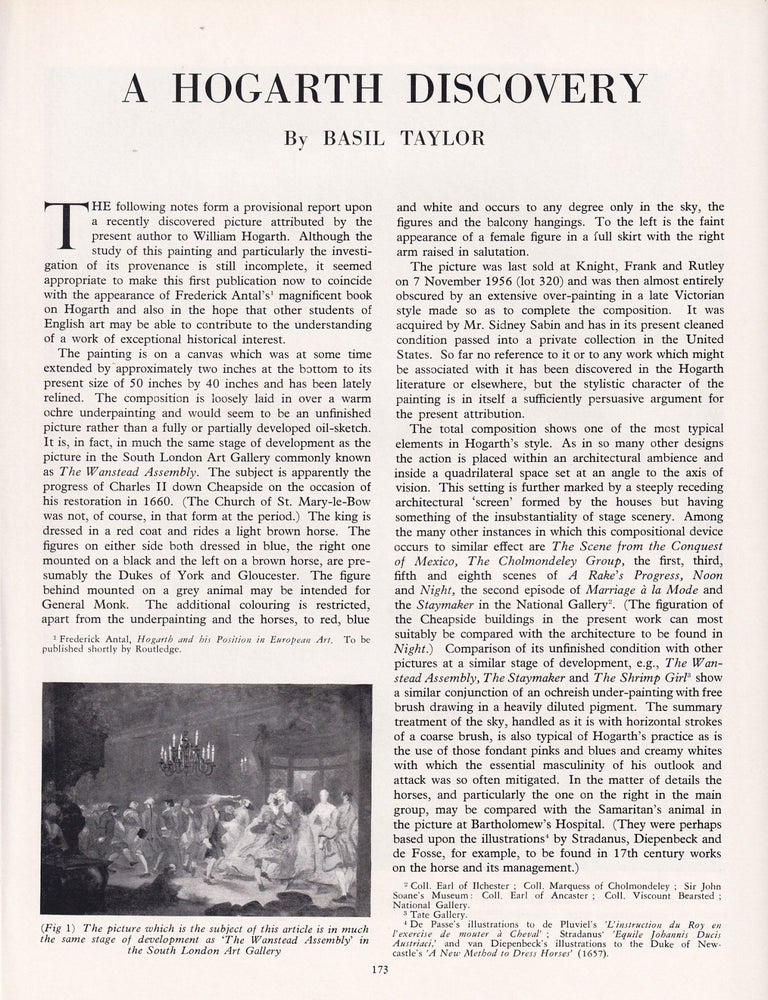 Item #420937 A Hogarth Discovery: A Provisional Report on a Picture attributed to William...