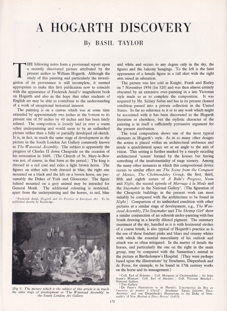 Item #420937 A Hogarth Discovery: A Provisional Report on a Picture attributed to William...