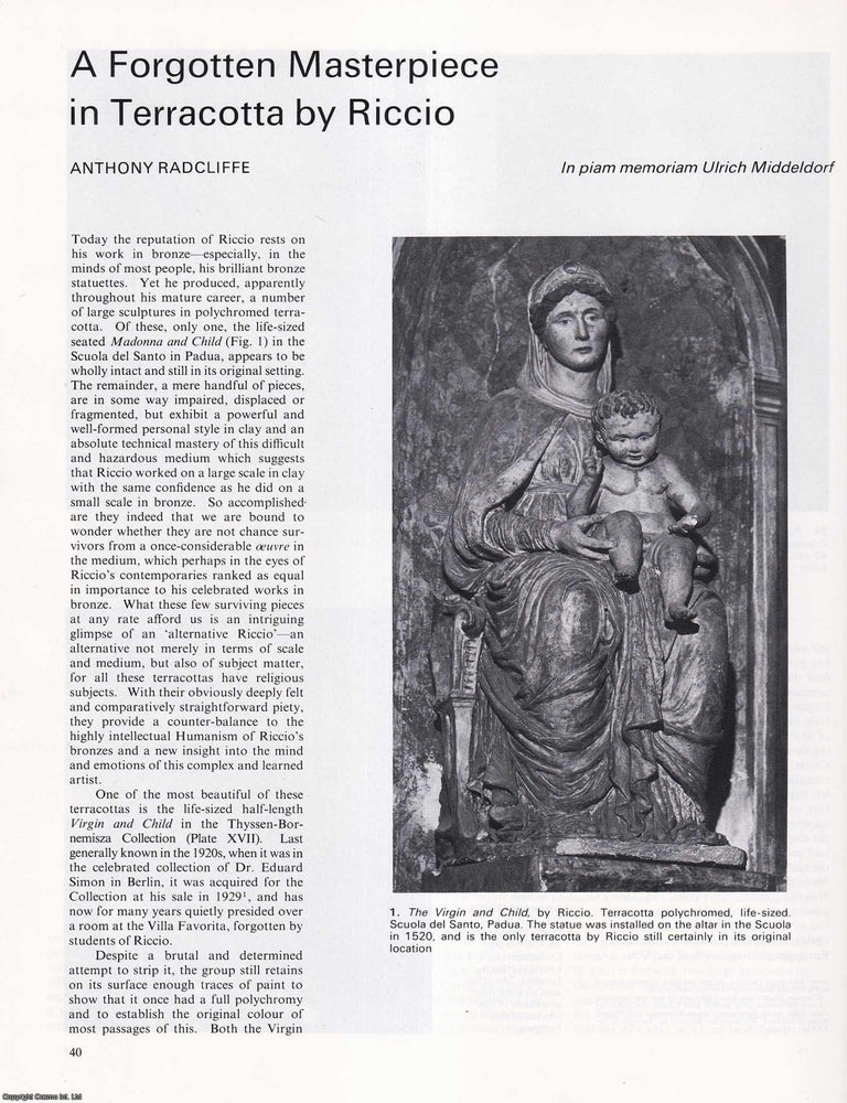 Item #421013 A Forgotten Masterpiece in Terracotta by Riccio. 9 pages, illustrated. An article...