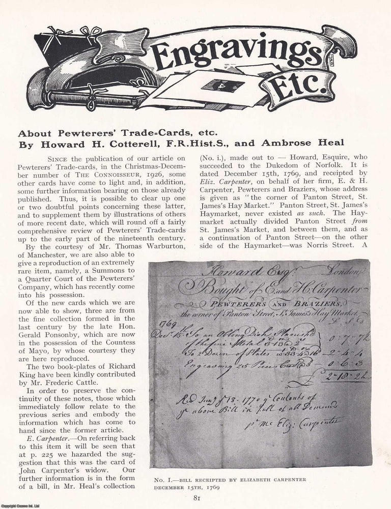 Item #421326 Pewterer's Trade Cards. An original article from The Connoisseur, 1928. Howard H....