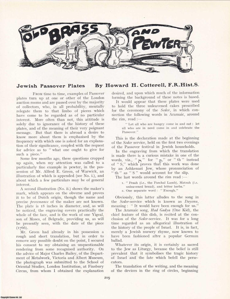 Item #421331 Jewish Brass and Pewter Passover Plates. An original article from The Connoisseur,...